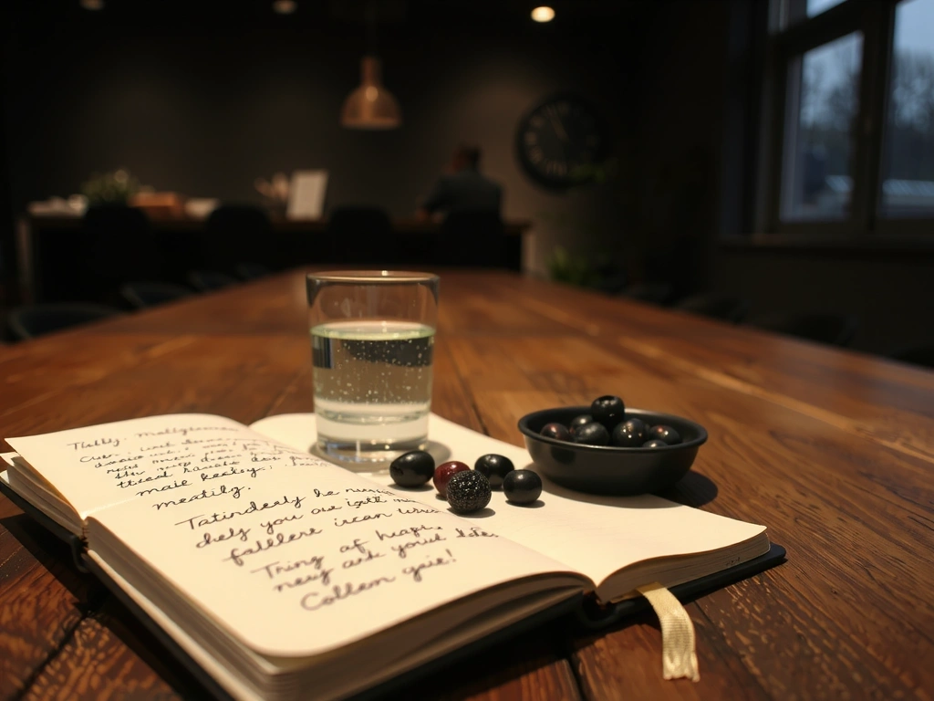 Notizbuch und gesunde Lebensmittel auf Holztisch